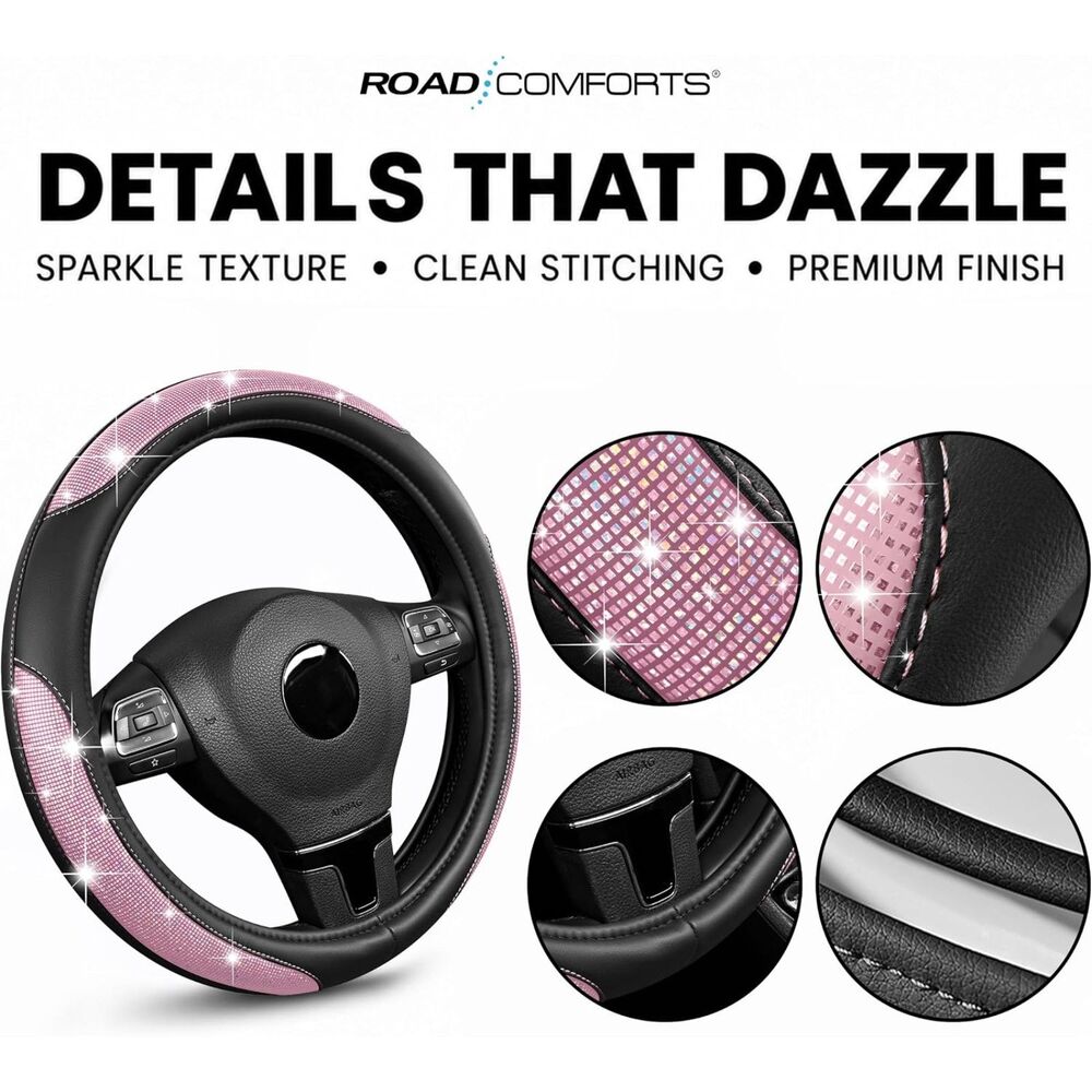 Road Comforts Glitter Steering Wheel Cover Pink Leather Sparkle Universal 15"